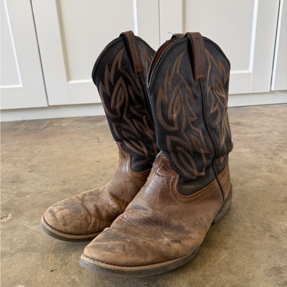 Justin Boots Brown Leather Foot & Black Embroidered Shaft Cowboy Boots